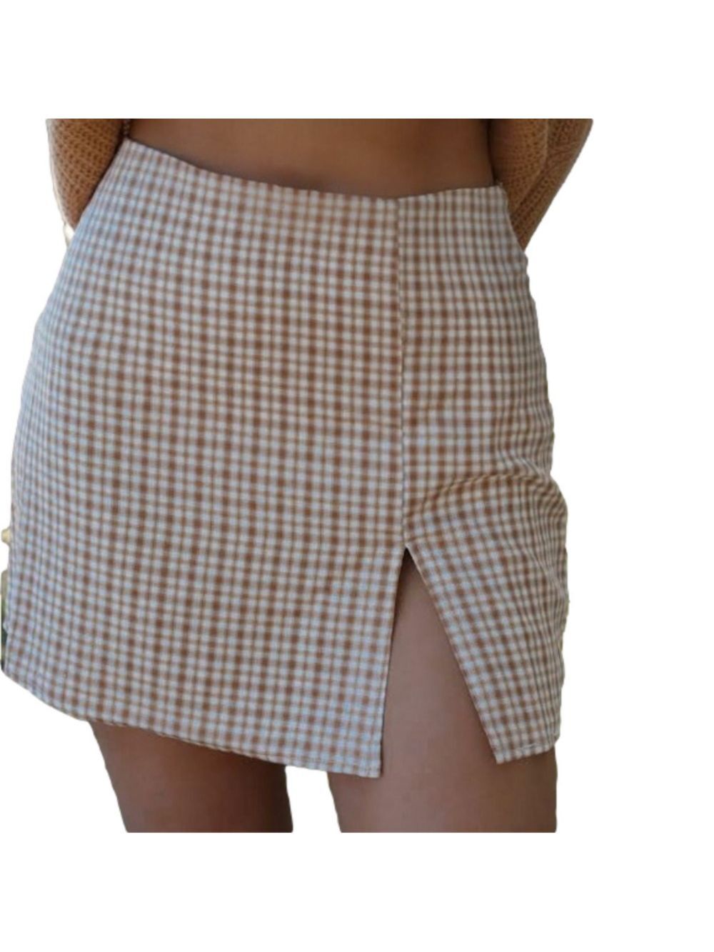 Hyfve Tan Plaid Mini Skirt Split Hem Small